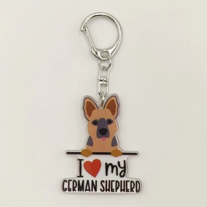 Detailed view of acrylic German Shepherd keychain with I Love My Dog lettering