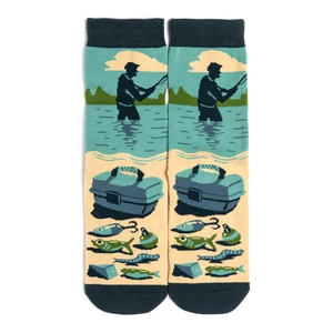 Detailed pattern of blue and beige cotton socks with fishing theme illustrations