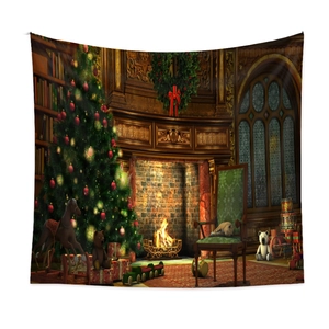 Detailansicht eines Weihnachts-Wandteppichs mit festlichem Baum- und Kamin-Motiv