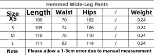Tableau des tailles détaillé pour pantalon large avec mesures de taille et longueur