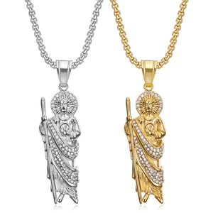 St Jude Thaddeus Pendant Necklace 316L Stainless Steel Gold Plated Religious Rhinestone Vintage Jewelry For Men Women