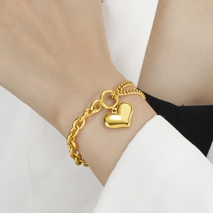 Heart Pendant Bracelet For Women Stainless Steel Asymmetric Paperclip Double Layer Chain Retro Gold Jewelry