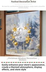 Close-up of golden stars and Merry Christmas stickers on a glass window with snow