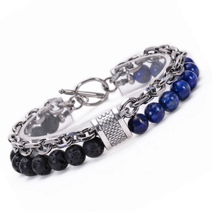 Double-layer beaded bracelet with blue lapis lazuli and black lava stone with metal T-bar clasp