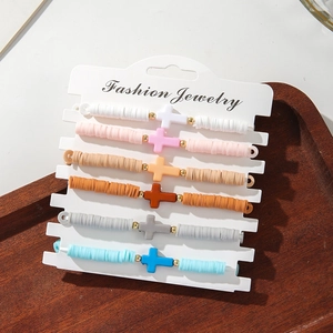 Bohemian Polymer Clay Beaded Cross Bracelets Set For Women Handmade Elastic Multicolor Heishi Bead Jewelry Gift Accessories