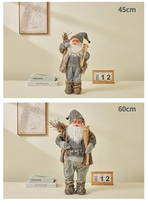 Détail des figurines du Père Noël en tailles 45cm et 60cm avec tissu tricoté gris et brun