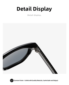 Close-up of reinforced silver metal hinges on premium black square frame sunglasses