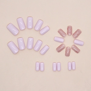 Pink and white glitter square press-on nails set with glossy solid color finish