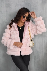 Detailed texture of pink faux fur hooded jacket with zip closure and plush finish