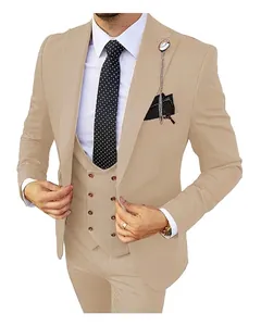 Detail of apricot three-piece suit with double-breasted vest and metal chain brooch