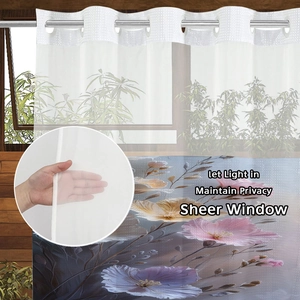 Waterproof shower curtain with abstract floral print and metal rings for privacy protection