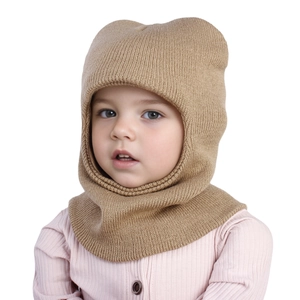 Detail of warm rib-knit baby balaclava hat with integrated neck warmer in camel color