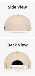 Vue latérale et arrière du bonnet docker en coton beige avec broderie et sangle réglable