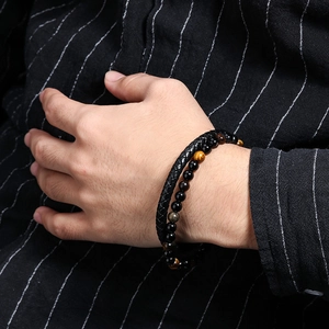 Men's double-layer braided leather bracelet with lava stone and tiger eye beads