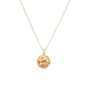 Gold necklace with spherical pendant featuring pink enamel heart patterns on white background