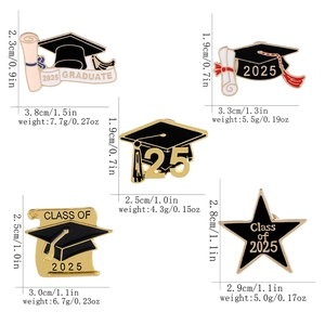 Five styles of 2025 graduation enamel pins featuring caps and diplomas with size specs