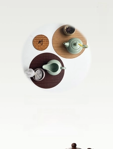Close-up of assorted round bamboo tea mats with intricate weave patterns and Zen styling