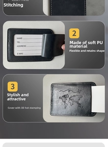 Detail of world map luggage tag with durable PU leather stitching and contact info card
