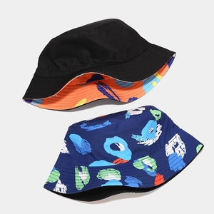 Reversible bucket hat with colorful graffiti lip print and solid black canvas material