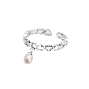 S925 sterling silver hollow heart ring with hanging white freshwater pearl pendant