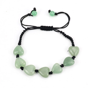 Handmade braided bracelet featuring heart-shaped green stones and adjustable black cord