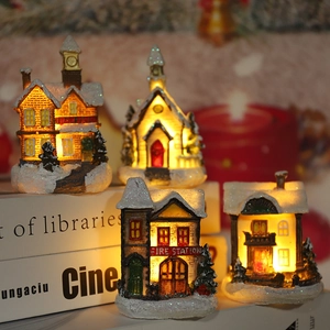 LED Christmas Light Up Miniature House Resin Snow Village Building Desktop Ornament Festive Holiday Home Decor