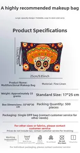 Détail du motif tête de mort mexicaine sur la trousse à cosmétiques robuste en lin