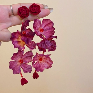 Elegant wine red flower tassel earrings with rose top and layered petal dangles