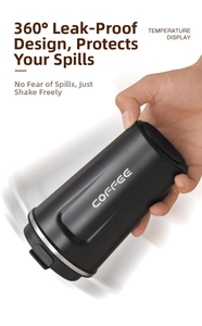 Detail of matte black coffee travel mug with leak-proof lid and digital temperature display
