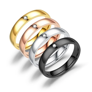 Minimalist Stainless Steel Rhinestone Ring For Women Men Simple Polished Couple Wedding Band Gold Silver Black Jewelry Gift