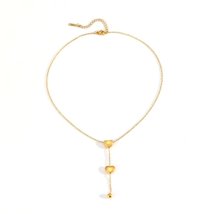 Elegant gold-tone Y-shaped necklace with double heart pendants and metallic bead tassel