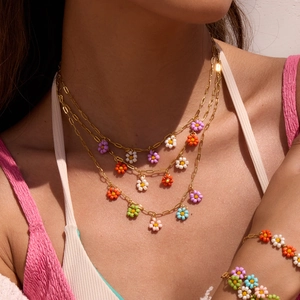 Elegant 18K gold-plated stainless steel layered necklace with colorful floral bead charms