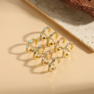 14K Gold Plated Copper Evil Eye Open Ring For Women Adjustable Enamel Zirconia Finger Ring Trendy Geometric Jewelry Gift