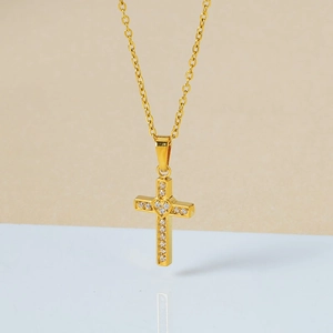 Elegant gold cross pendant necklace with micro-pave zircon heart and fine link chain