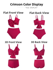 Détails du maillot de bain fille cramoisi avec grand nœud et culotte taille haute élégante