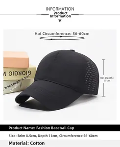 Detailed size guide of a black quick-dry baseball cap showing dimensions and cotton material