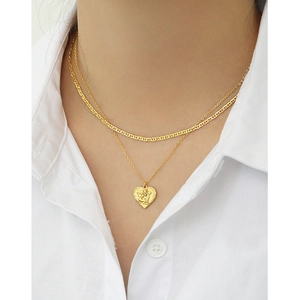S925 sterling silver heart angel relief pendant layered necklace in gold finish