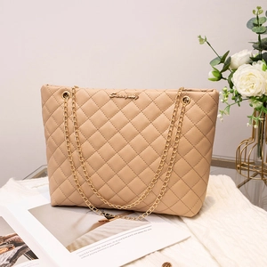 Elegant beige quilted PU leather shoulder bag with chain strap and gold logo