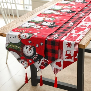 Christmas Table Runner Linen Fabric Holiday Dining Table Decoration Reindeer Snowman Patterns Buffalo Plaid Red Tassels