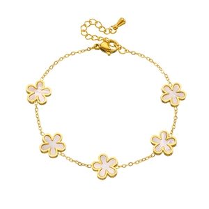 Elegant gold titanium steel bracelet with white shell flower charms and adjustable chain