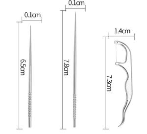Detailed view of 304 stainless steel toothpicks and flosser with precise size measurements