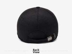 Back view of black winter baseball cap showing textured fabric and metal buckle