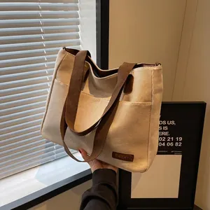 Large Capacity Canvas Tote Bag Minimalist Contrast Wide Strap Handbag For Women Commuting School Zipper Shoulder Bag