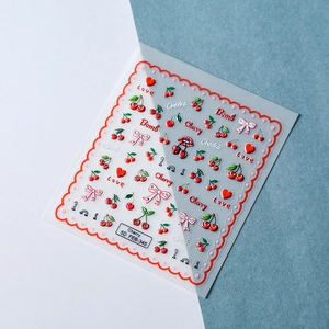 Detailed 5D embossed nail stickers featuring red cherries, pink bows and hearts