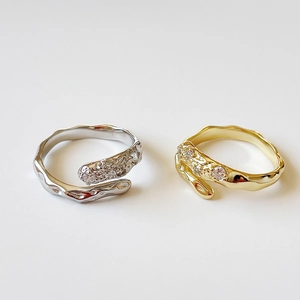 French style 925 sterling silver irregular lava ring with zircon stones in gold and silver