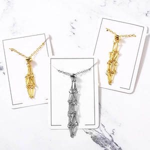 Metal Mesh Pouch Pendant Necklace Natural Crystal Raw Stone Holder Adjustable Geometric Alloy Jewelry For Women