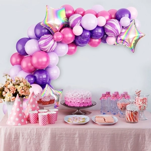 Pink and purple balloon arch kit with marble patterns and holographic laser star balloons