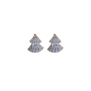 Elegant silver fan-shaped zircon earrings with double-layer geometric triangle design