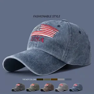 Washed Cotton Baseball Cap USA Flag Embroidery Vintage Distressed Adjustable Metal Buckle Retro Casual Outdoor Sun Hat