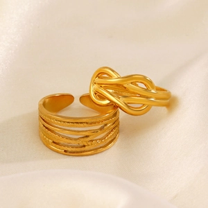 Fashionable gold stainless steel cross line and multi-layer knot open ring for women